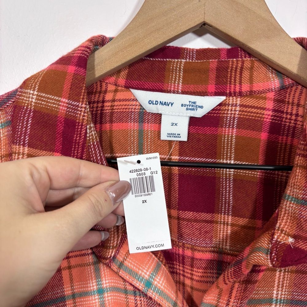 Old Navy Orange Red Long-Sleeve Tunic Boyfriend Plaid Flannel Shirt NWT 2X - Picture 12 of 16